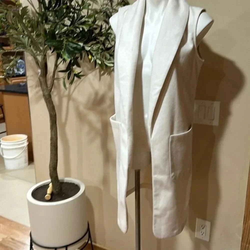 Joie Long Vest Open Fleece Front Duster Oatmeal Tan